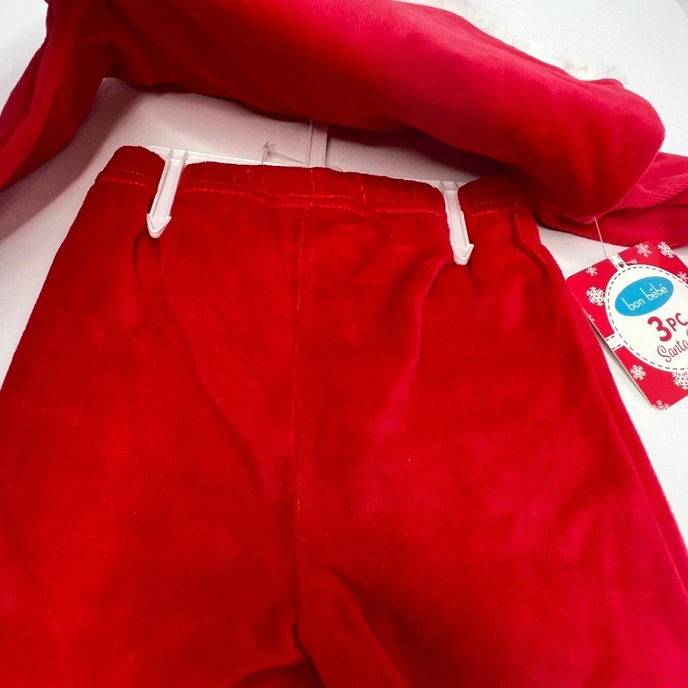 Bon Bebe Santa Set 6-9 Month Red Fleece Costume Christmas Holiday Outfit Hat NWT